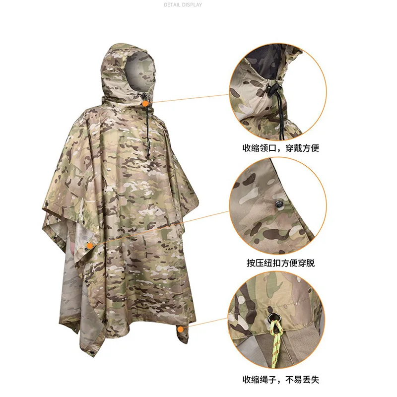 Mochila impermeable 3 en 1, cubierta de lluvia, capucha, Poncho táctico para senderismo y ciclismo, impermeable, estera para tienda de campaña al aire libre - imagen 5