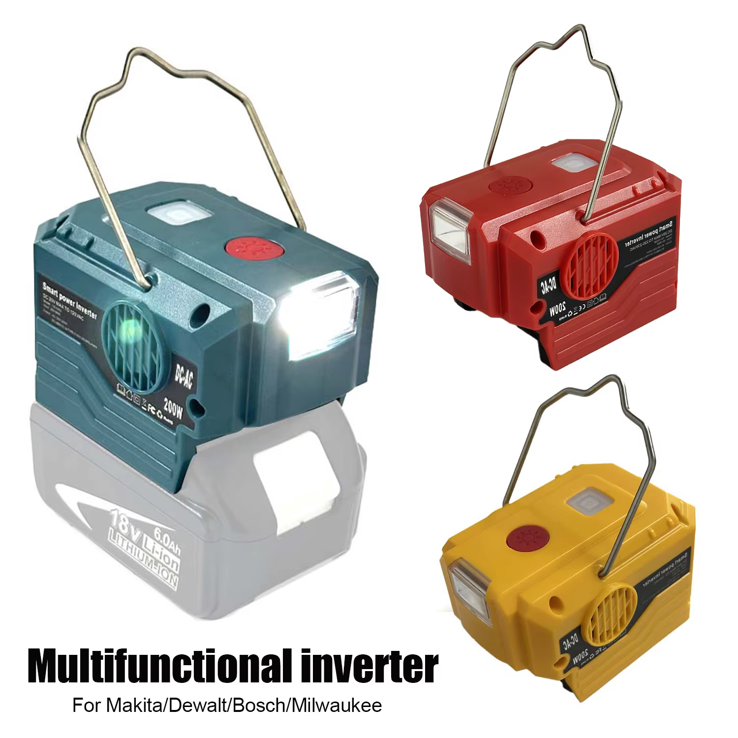 Inversor portatil 200W 18V USB-C y enchufe AC Makita Dewalt Milwaukee