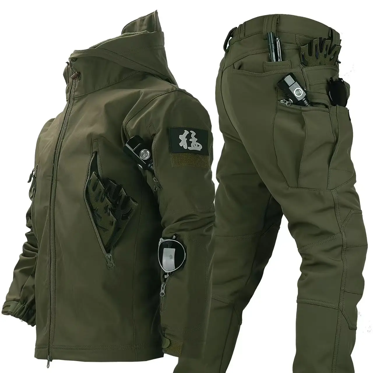 Conjuntos militares de concha suave para hombre, chaqueta con capucha multibolsillo y pantalones Cargo rectos del ejército, trajes de 2 piezas, conjunto táctico de lana para exteriores, Invierno - imagen 5