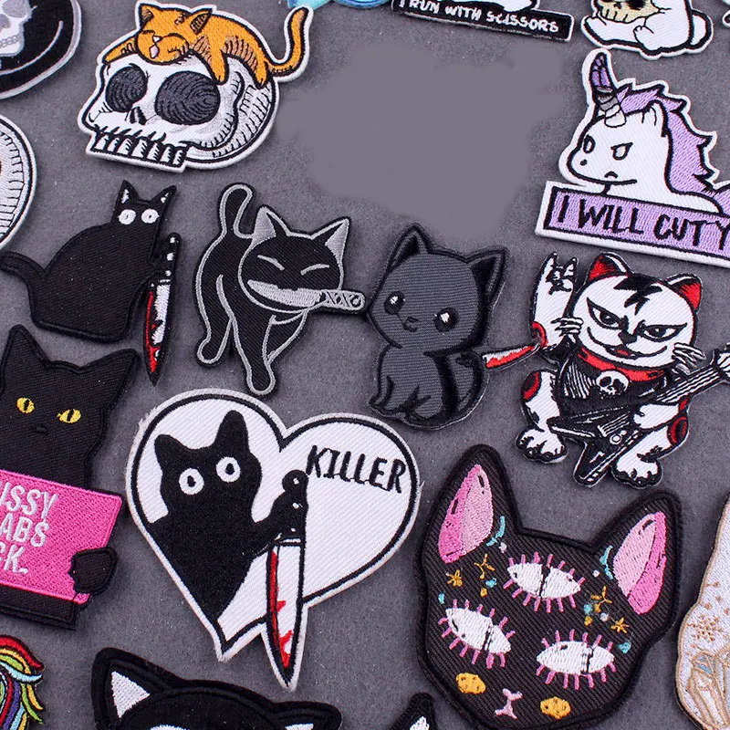 Parches de gato asesino en la ropa, ropa de animales divertidos, parches termoadhesivos para ropa, pegatinas, parche Hippie, insignias en mochila