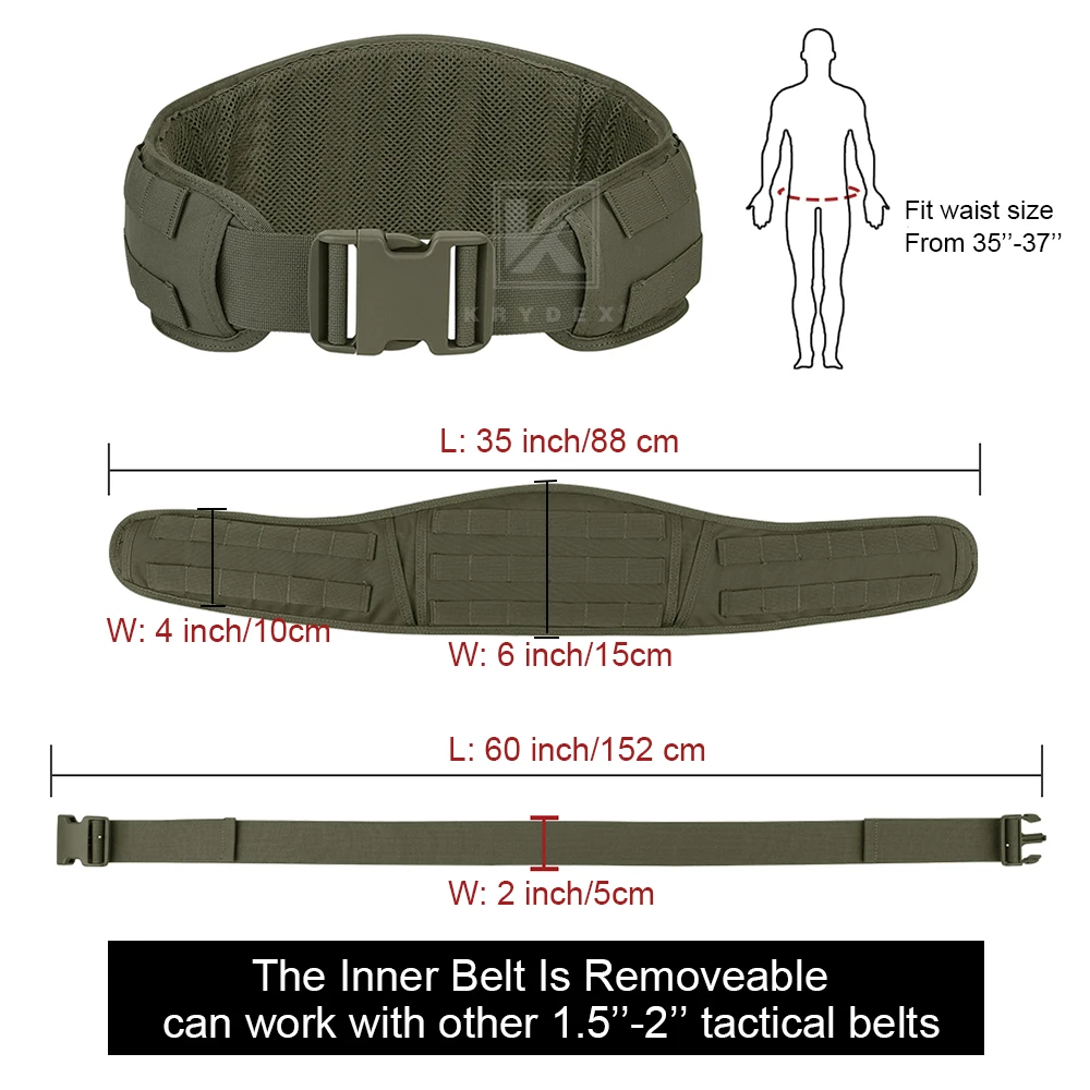 KRYDEX cinturón táctico suave ancho acolchado cinturón de batalla MOLLE de liberación rápida para disparar Airsoft caza multifunción - imagen 5