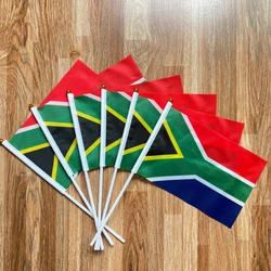 Banderas onduladas a mano con bandera de Sudáfrica, 14x21CM, 5/10/50/100 Uds. Con mástil de bandera de plástico de 30cm