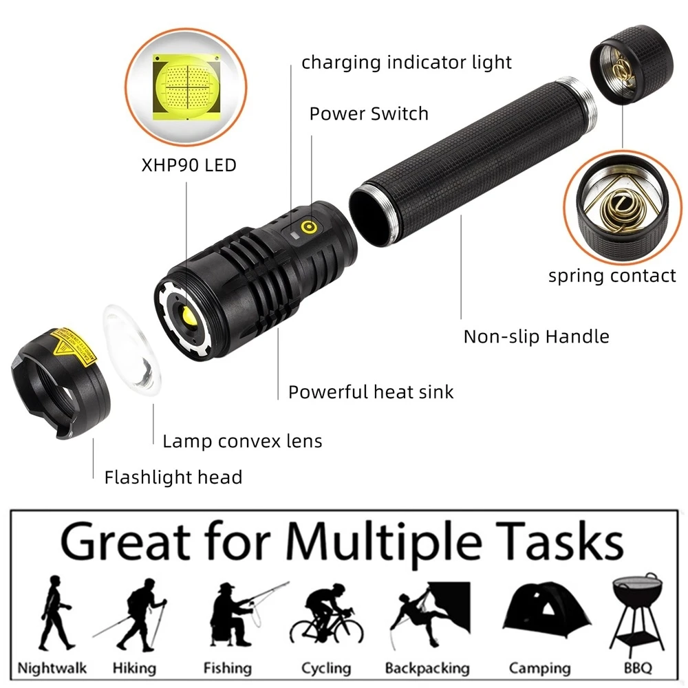 Linterna LED de alta potencia con Zoom XHP90 de 5000 lúmenes, carga USB, antorcha para exteriores, caza, Camping, patrulla de pesca, lámpara de iluminación potente - imagen 5