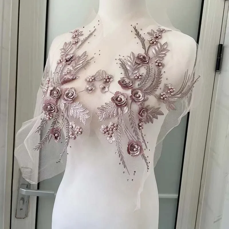 Parches de cuentas de diamantes de imitación, suministros de costura, apliques de flores 3d, tela de encaje bordado, coser parches para vestido, 1 par = 2 piezas/32x21CM - imagen 3