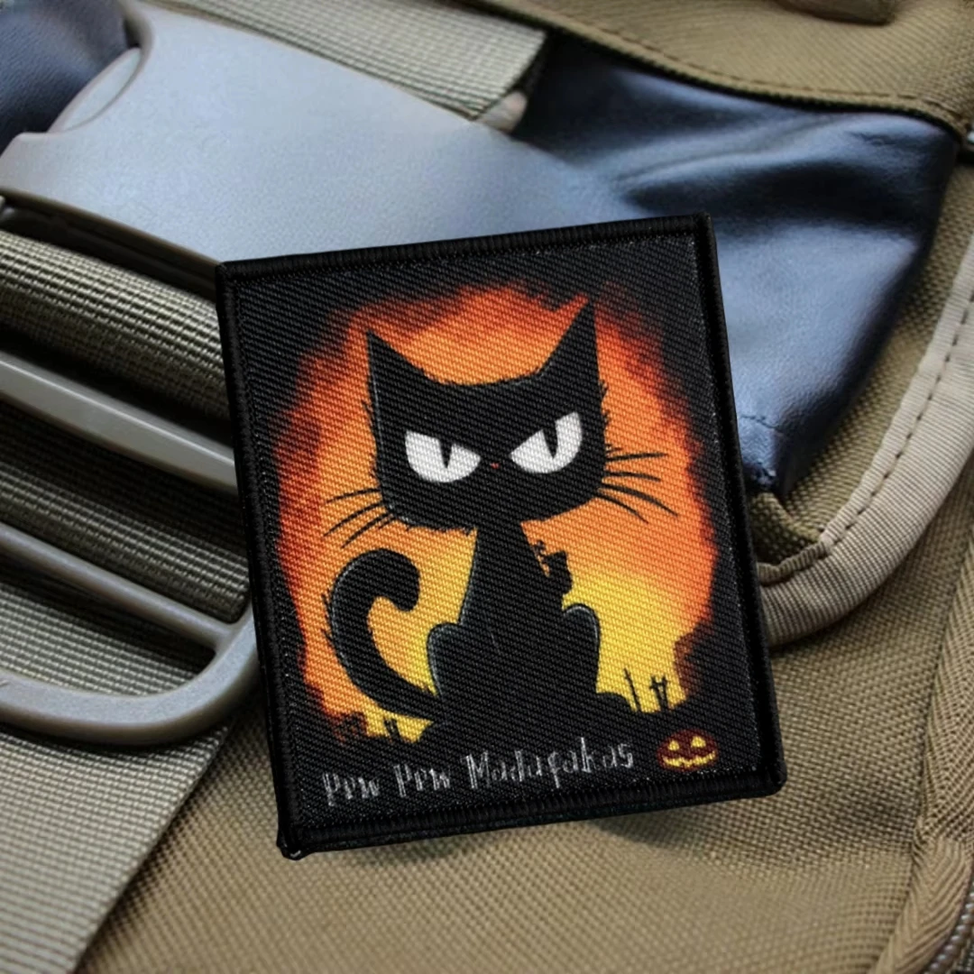Parche de gato negro de Halloween "Pew Pew Madafakas", insignia de moral táctica, pegatina para mochila, parches de gancho y bucle impresos para ropa - imagen 3