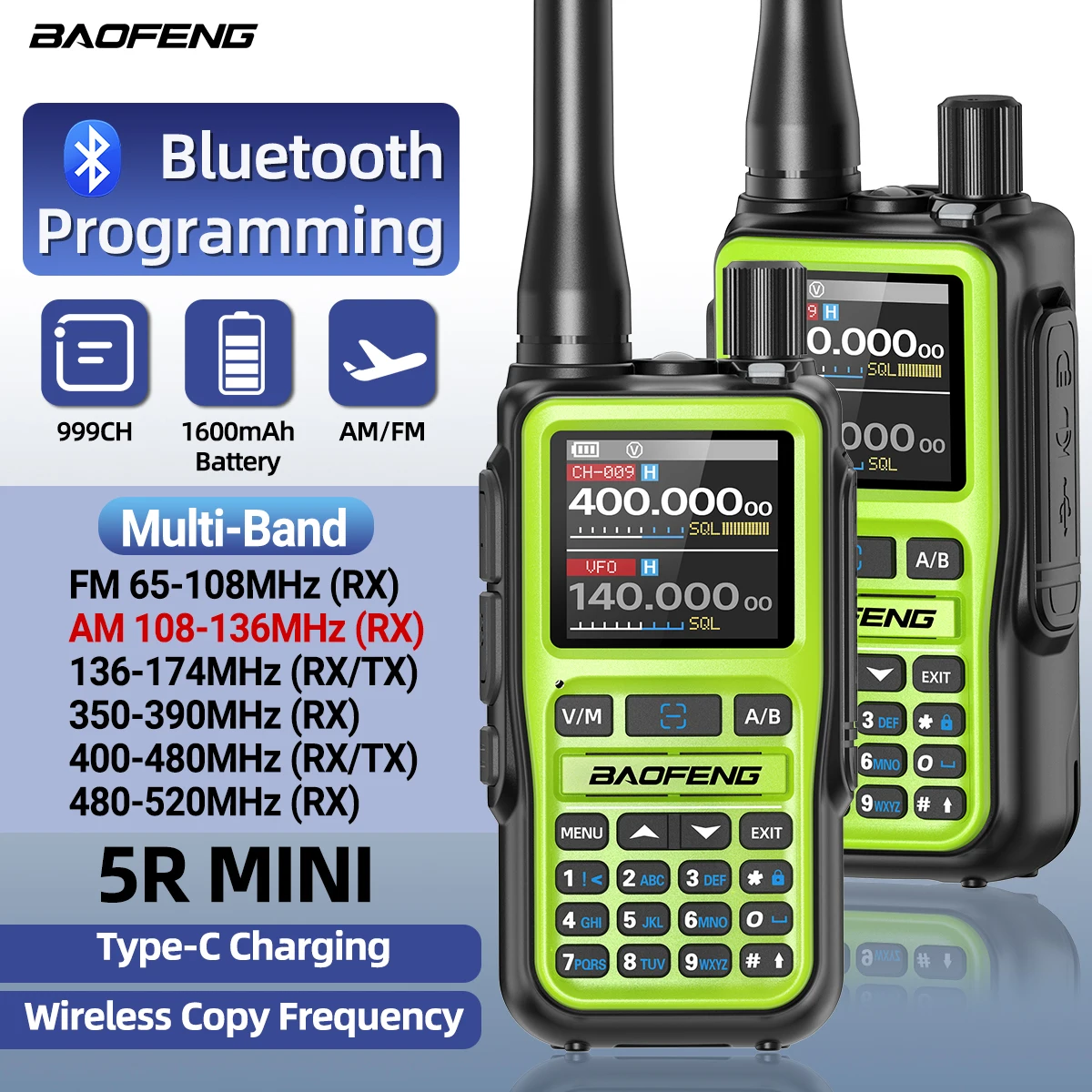 BAOFENG UV-5R Mini Walkie Talkie Multi banda Bluetooth programación frecuencia de copia inalámbrica 999CH tipo C Radio bidireccional de largo alcance - imagen 2