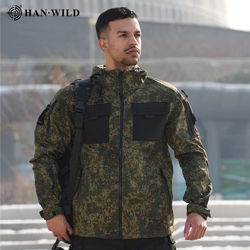 HAN WILD Softshell Jacekt, chaqueta con capucha de invierno para hombre, impermeable, piel de tiburón, abrigo táctico cálido de EE. UU., bolsillos grandes, abrigo de caza y senderismo - imagen 3
