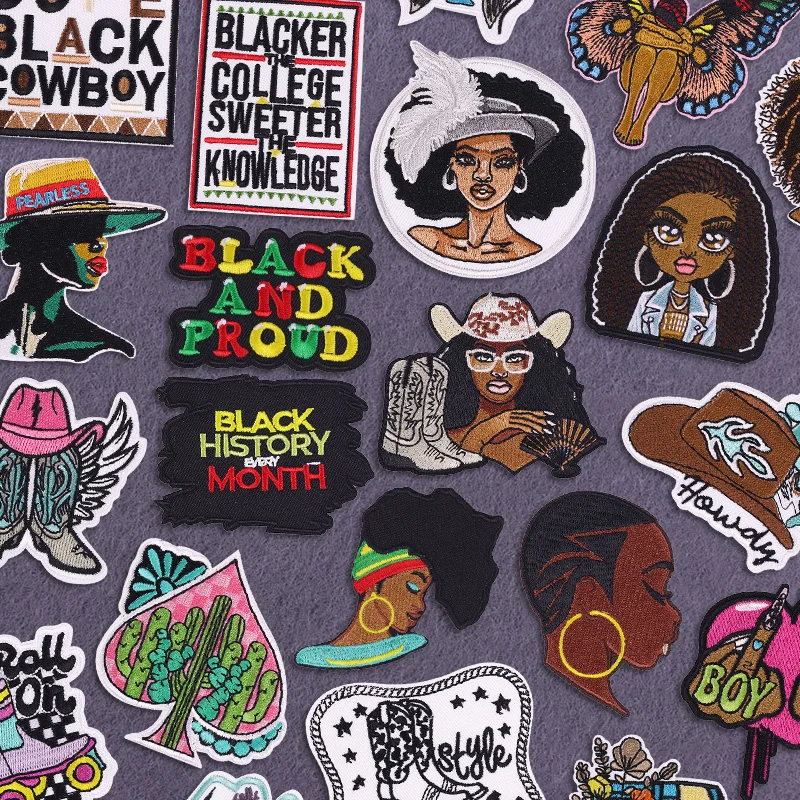 Parches para planchar con apliques de chica negra, pegatinas para ropa, parches bordados con letras de dibujos animados en ropa, insignias fusibles/coste DIY