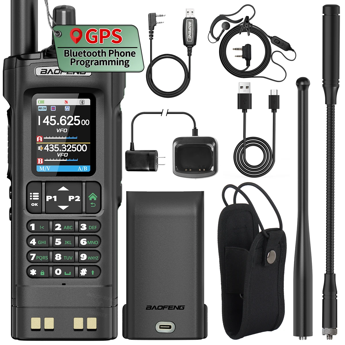 BAOFENG UV-32 GPS Walkie Talkie 10W Bluetooth teléfono aplicación programación multibanda AM 1000CH tipo C de largo alcance para UV-5R Ham Radio