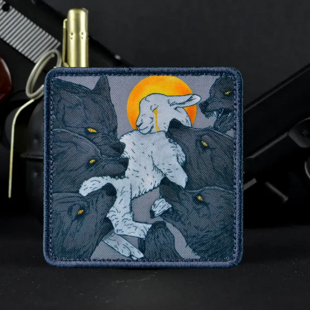 Parches estampados de ovejas y lobo, insignia de moral divertida "el cordero", brazalete de combate de lobo militar, emblema de gancho y bucle, pegatinas para mochila
