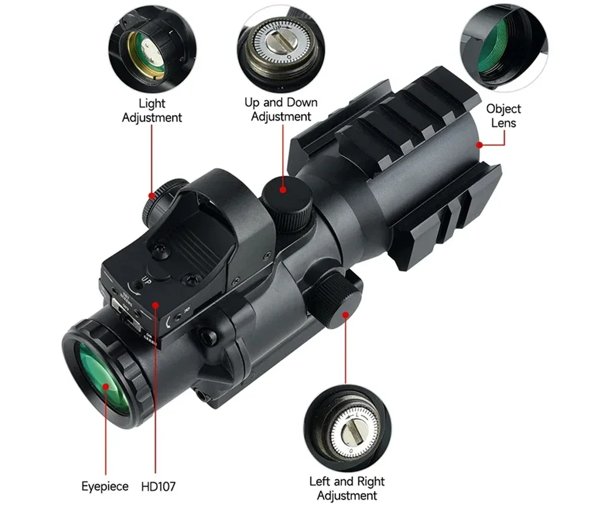 Mira táctica 4X32 + HD107, Combo de punto rojo, mira telescópica para tiro al aire libre, mira réflex Airsoft, mira óptica compacta - imagen 5