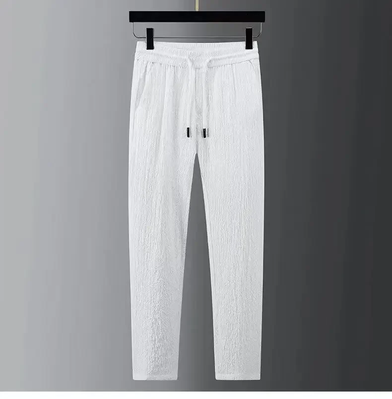 Primavera Verano nuevo traje de moda hombres camisas casuales de manga larga y pantalón Seersucker rayas pliegues delgado guapo conjunto de dos piezas - imagen 5