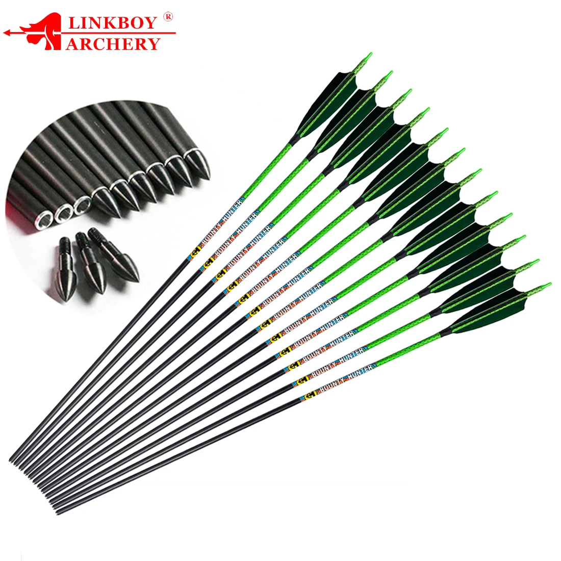 Linkboy-flechas de carbono para tiro con arco, 12 piezas, 300, 340, ID 6,2mm, 5 pulgadas, compuesto de plumas de pavo, arco tradicional para caza - imagen 2