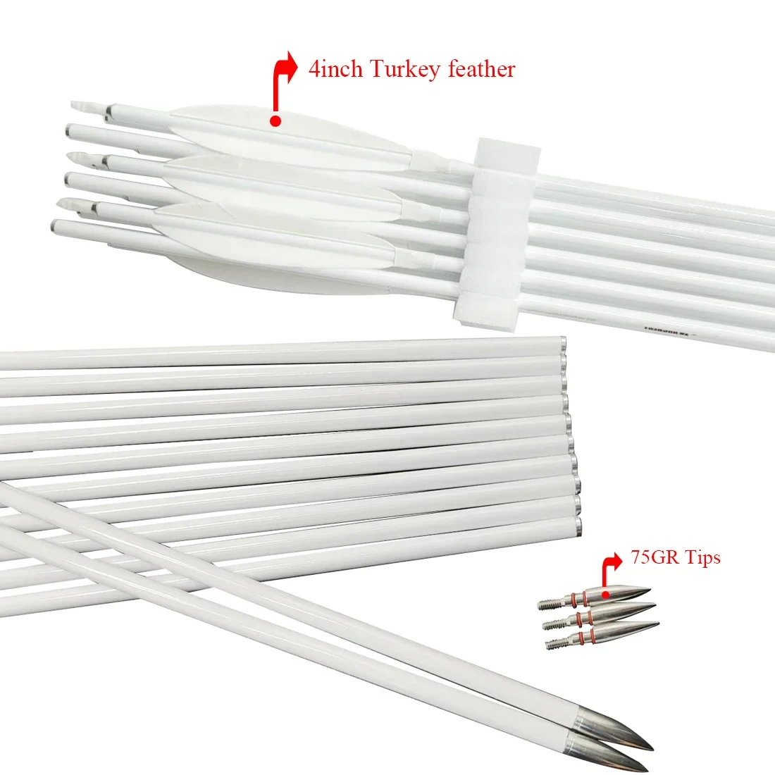 12 Uds flechas de carbono para tiro con arco ID6.2MM 4 "Pluma de pavo Nock 75GR punta para caza con arco - imagen 3