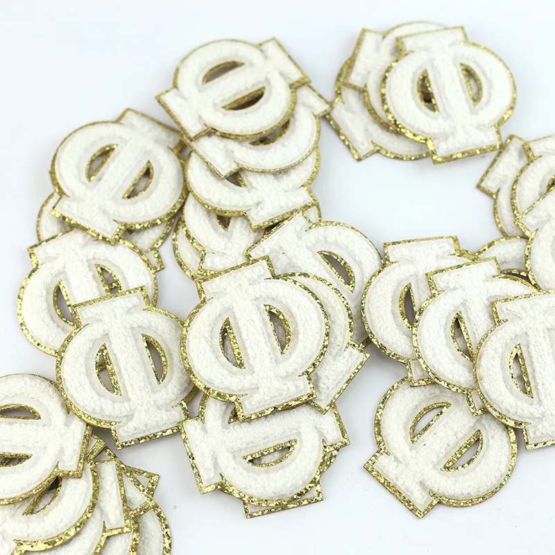 Parches bordados de toalla con purpurina dorada y letra griega de colores, tela de doble capa, tela de polvo de cebolla dorada, pegatina de Gritt, insignia de sombrero - imagen 4