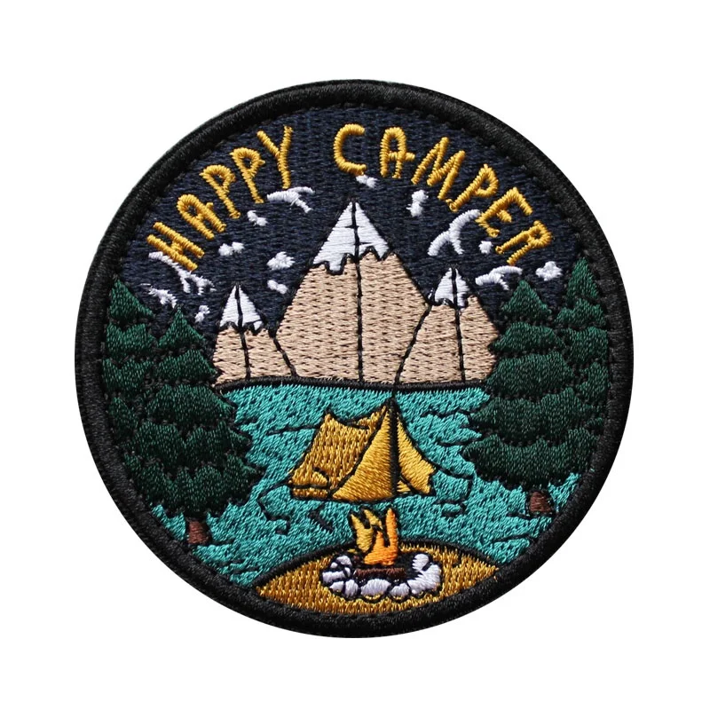 Brazaletes de senderismo al aire libre, parche de Camping HAPPY CAMPER Sunrise, mochila, bordado 3D, paisaje de bosque profundo, parches de bolsa, nuevo diseño - imagen 4