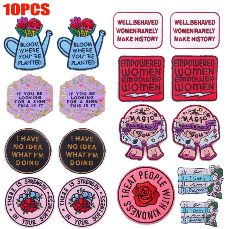10 unids/lote de parches bordados de flores y letras de dibujos animados, parche de letras de idioma positivo, parches para planchar para ropa, insignias para coser DIY