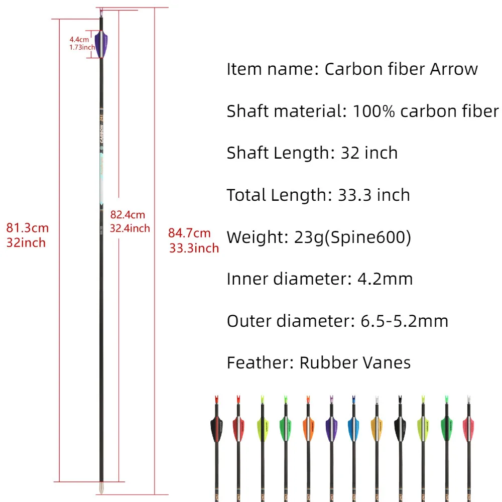 Flecha de carbono puro de 32 ", paletas de goma ID4.2mm +-0.001 SP300 400 500 600 700 800 900 1000, tiro con arco de caza, 6 uds. - imagen 5