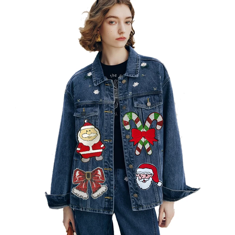 Parches bordados de toalla para decoración del hogar, adornos navideños grandes, parche de ciervo de árbol de Papá Noel DIY, parches para planchar para ropa, parche para coser - imagen 4