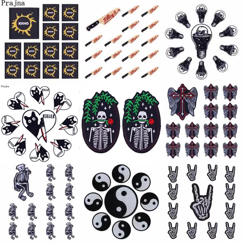 Parches bordados de rayas Punk para ropa, parches termoadhesivos en blanco y negro, parches de calavera de roca para ropa, 10 Uds.