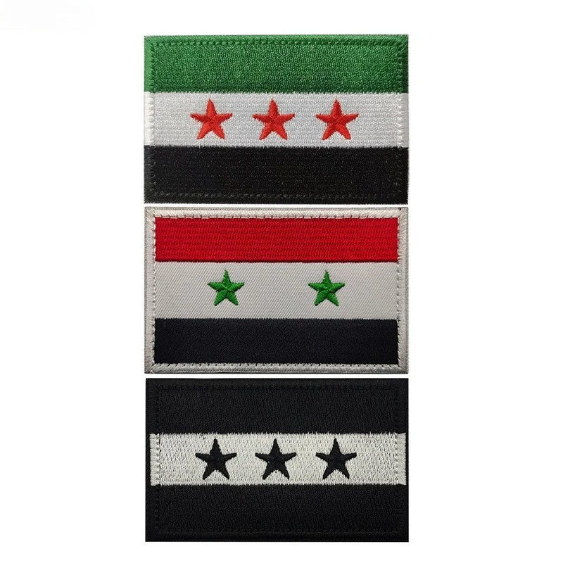 Parche con emblema de la bandera de Siria: respaldo de gancho y bucle de 8x5 cm, diseño de bordado premium