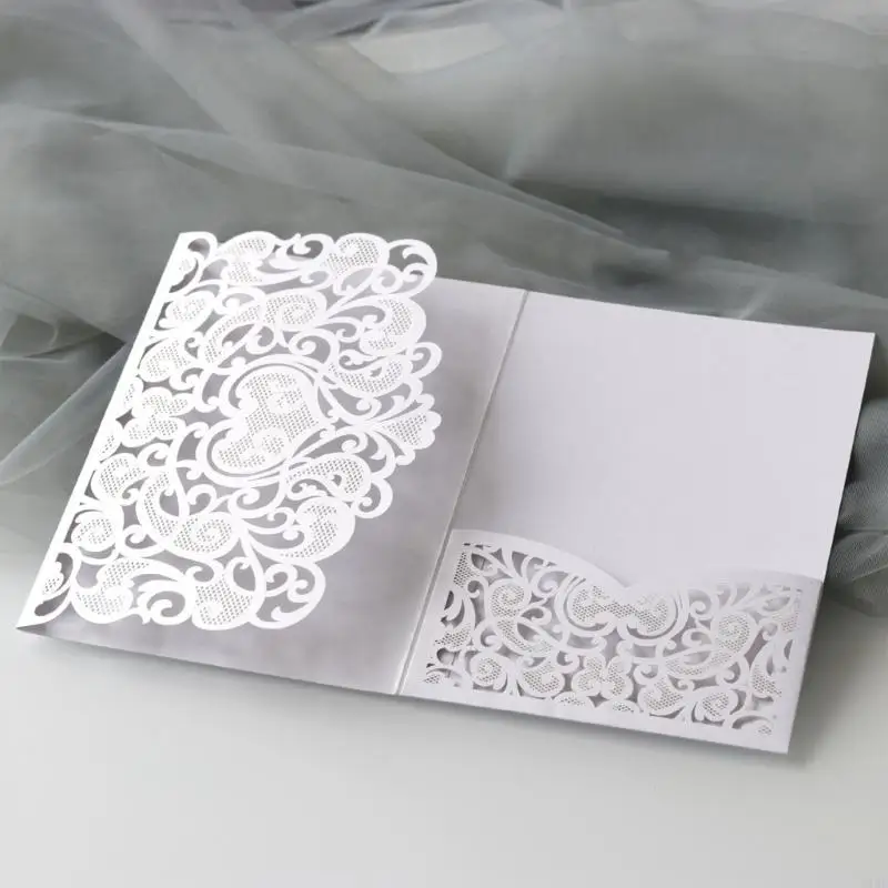 50Pcs Folding Wedding Invitations Hollowed Out Lace Paper Invitation for Wedding Engagement Festival Celebration K1KF - imagen 3