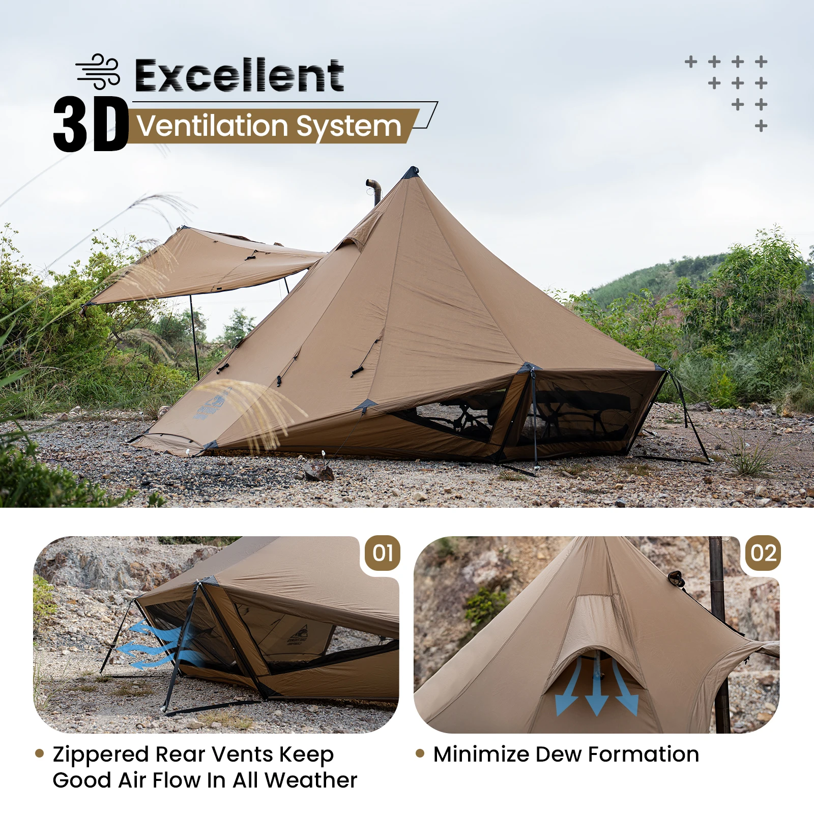 OneTigris Gastropod Tienda caliente para 2-6 personas Sistema de ventilación 3D mejorado Incluye postes de tienda Gato de estufa para estufas ardientes - imagen 4