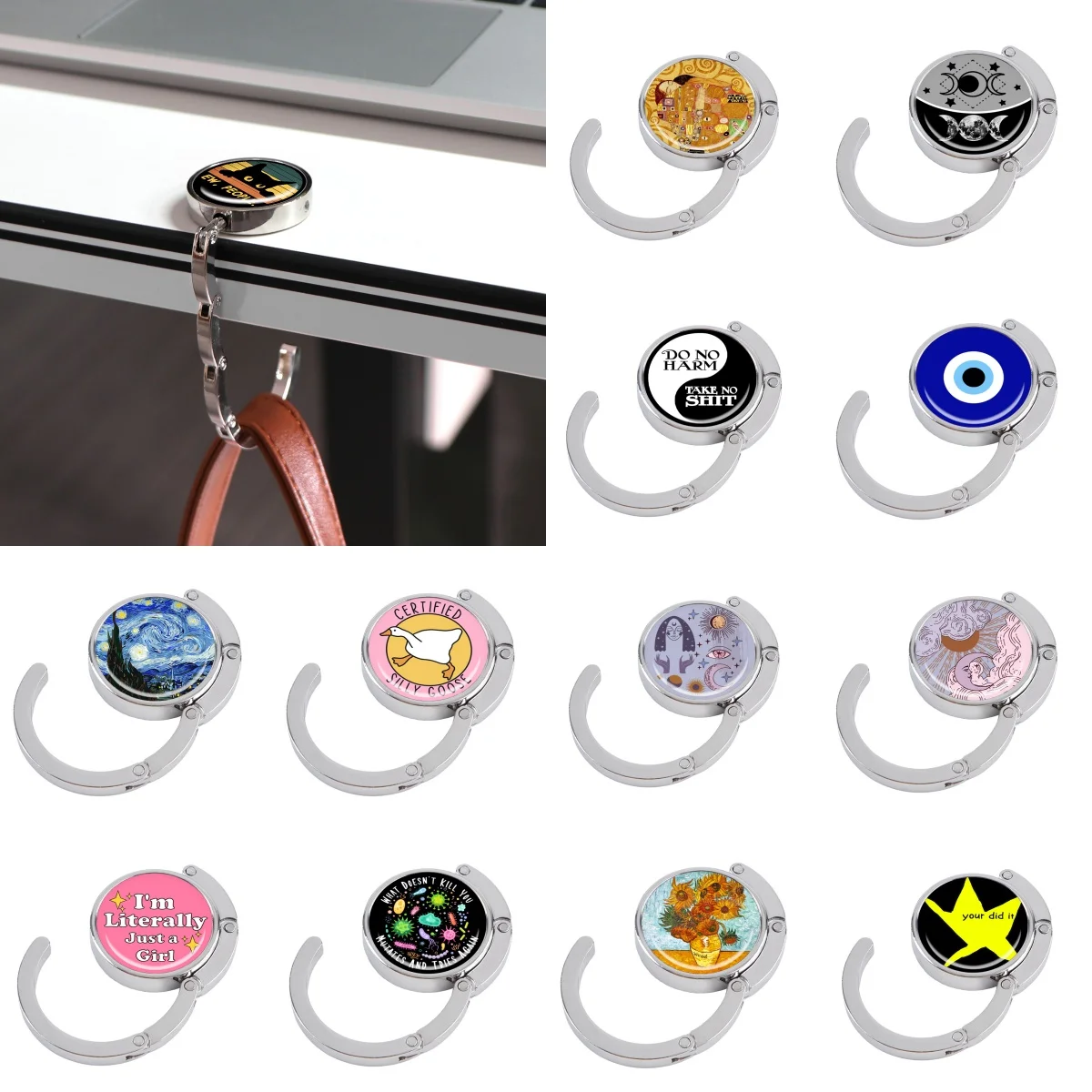 Ganchos para bolso de gato negro, soportes plegables para bolsas de mesa de Metal, perchas portátiles para monedero, accesorios de piezas, ganchos antideslizantes de Luna Vintage