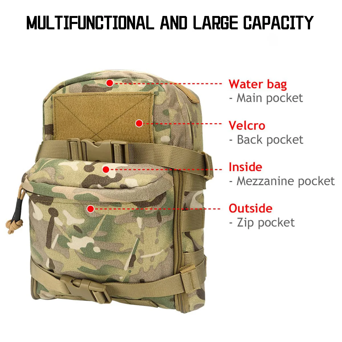 Paquete de hidratación táctico MOLLE, mochila de hidratación ligera, portador de agua 1000D para hidratación de 3L, bolsa de chaleco Molle para vejiga de agua - imagen 3
