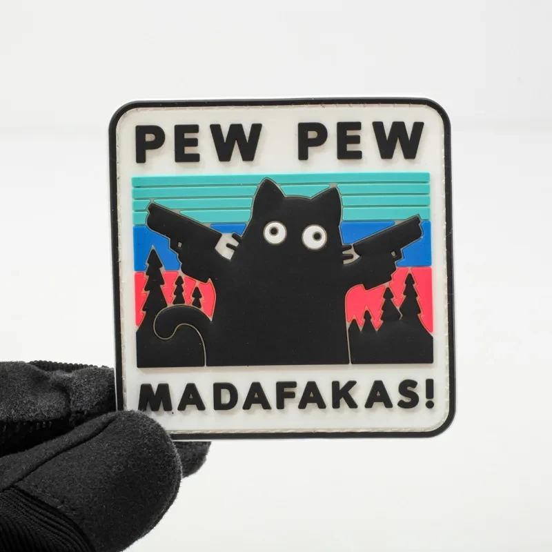 Parches tácticos Pew Madafakas, parche bordado divertido con gancho y bucle, doble lanza militar, insignia de moral de gato negro, pegatinas para mochila - imagen 3