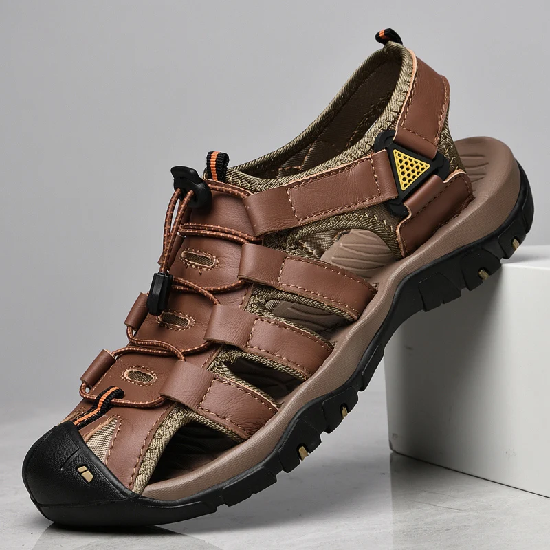 HIKEUP-Sandalias clásicas para hombre, zapatos cómodos de cuero genuino, de talla grande, suaves, para exteriores, romanas, de verano - imagen 2