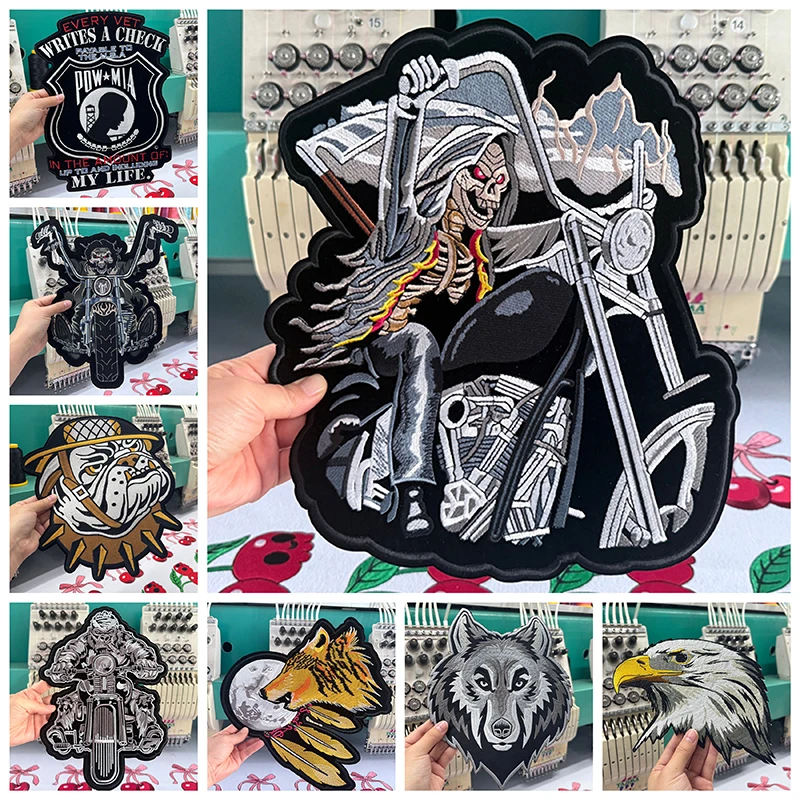 Parches traseros grandes para motocicleta, parche para planchar con calavera para Club, para ropa, parche bordado para vivir para montar en chaqueta, aplique de parche grande - imagen 2