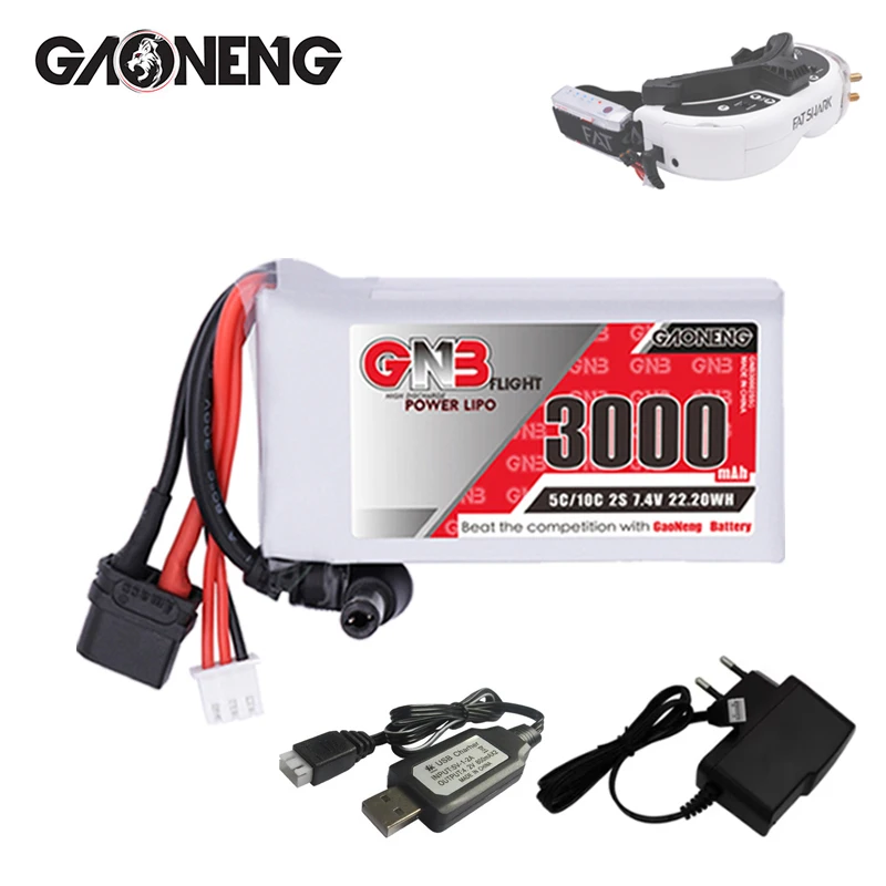 Batería Lipo GNB 2S 7,4 V 3000MAH 5C + cargador para gafas Fatshark Dominator Aomway FPV Drone Goggles 7,4 V batería recargable