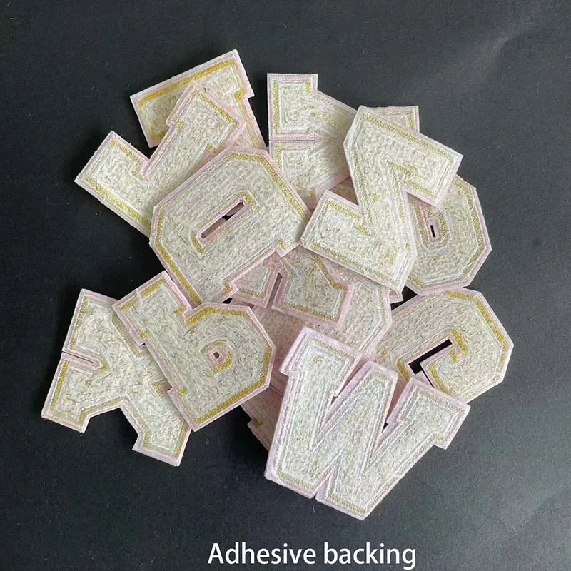Letras del alfabeto A ~ Z, apliques de chenilla de 0 ~ 9 números, pegatinas blancas para planchar, bordado de toallas con parches de costura de hilo dorado - imagen 5