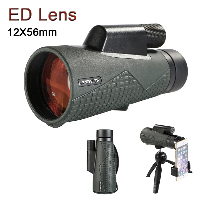 Telescopio monocular ED 12x56 de alta potencia para adultos con adaptador para teléfono inteligente visión clara con poca luz para observación de estrellas reloj de pájaros