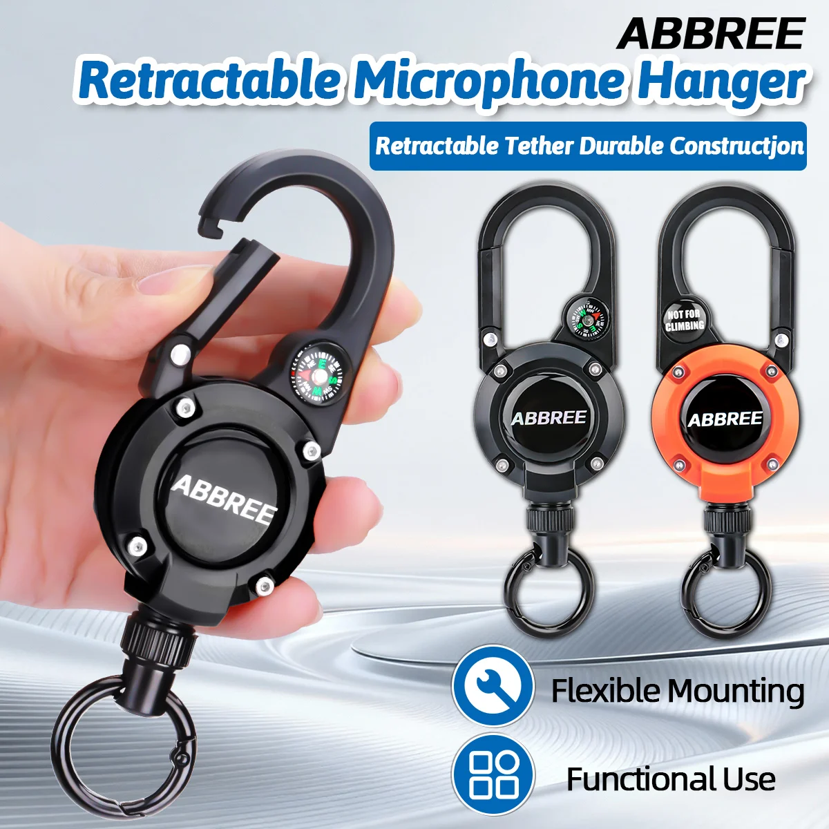 ABBREE, mosquetón retráctil de alta resistencia, llaveros, hebilla de cuerda de alambre de acero fuerte, colgador de micrófono para exteriores, escalada