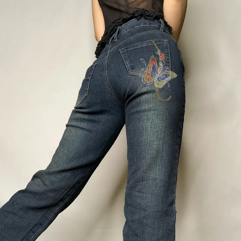 Pantalones vaqueros Vintage con bordado de mariposa para mujer, Pantalón recto de cintura baja, informal, Grunge, Y2K - imagen 4