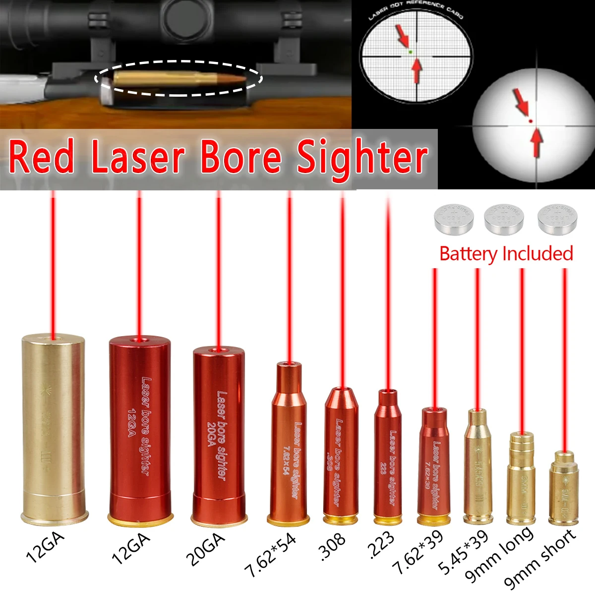 20GA 12GA 9x19mm.223 mira láser roja 5,45x39 7,62x54 7,62x39 Airsoft AK47 G17 G19 9mm colimador láser Boresighter