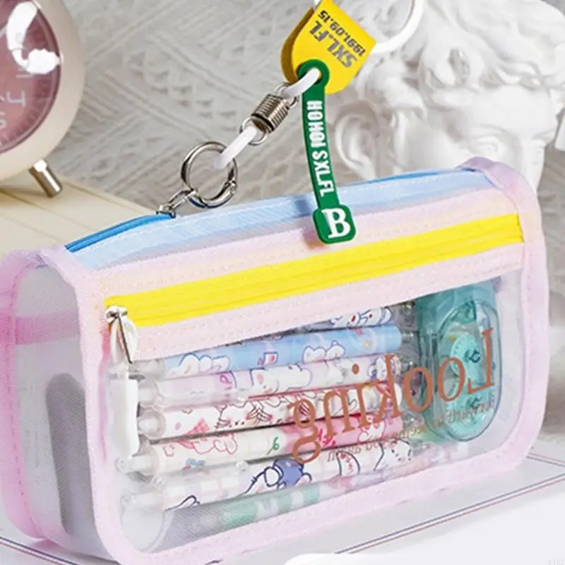 Bolsa lápiz capacidad Case lápiz malla transparente organizadores pluma doble capas K1KF - imagen 4