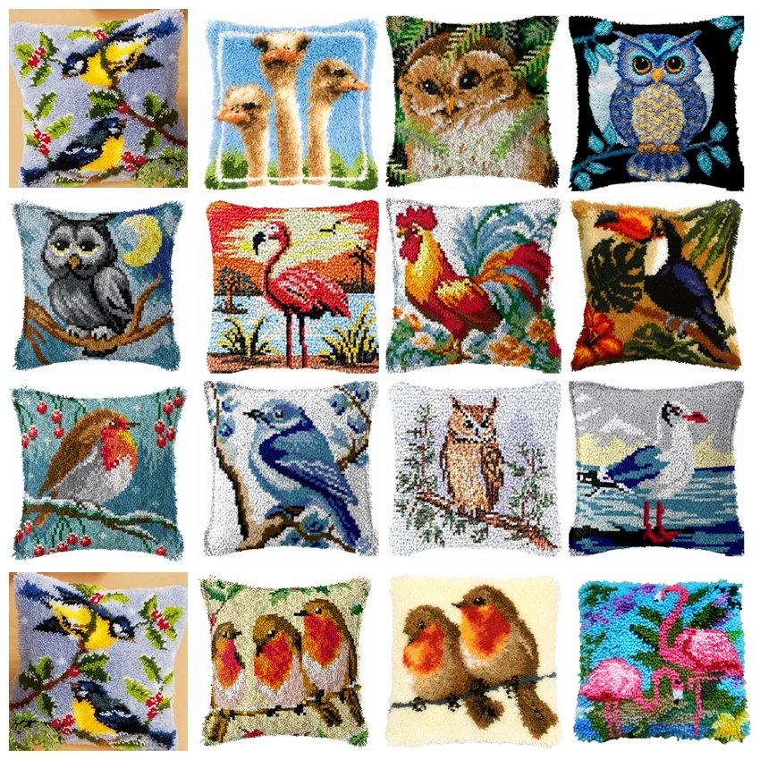 Kits de gancho de pestillo de búho y aves de corral, funda de almohada Smyrna, paquete de bordado de almohada con nudo, juego de gancho de pestillo de animales para costura DIY