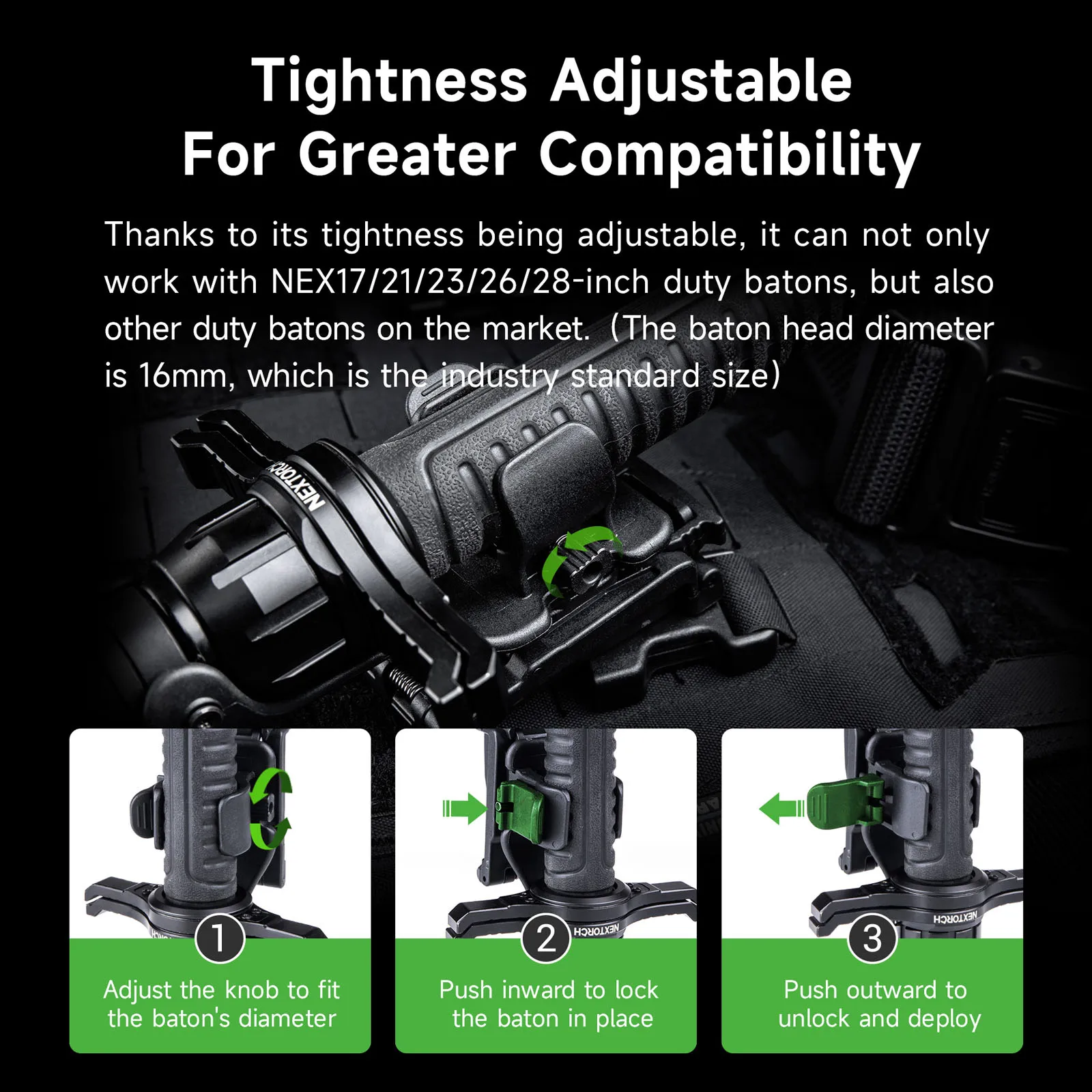 NEXTORCH V75 Funda para bastón de extracción rápida, protector de manos para bastón, para bastón de trabajo de 17/21/23/26/28 pulgadas, para cinturones de 38-50 mm de ancho y MOLLE - imagen 5