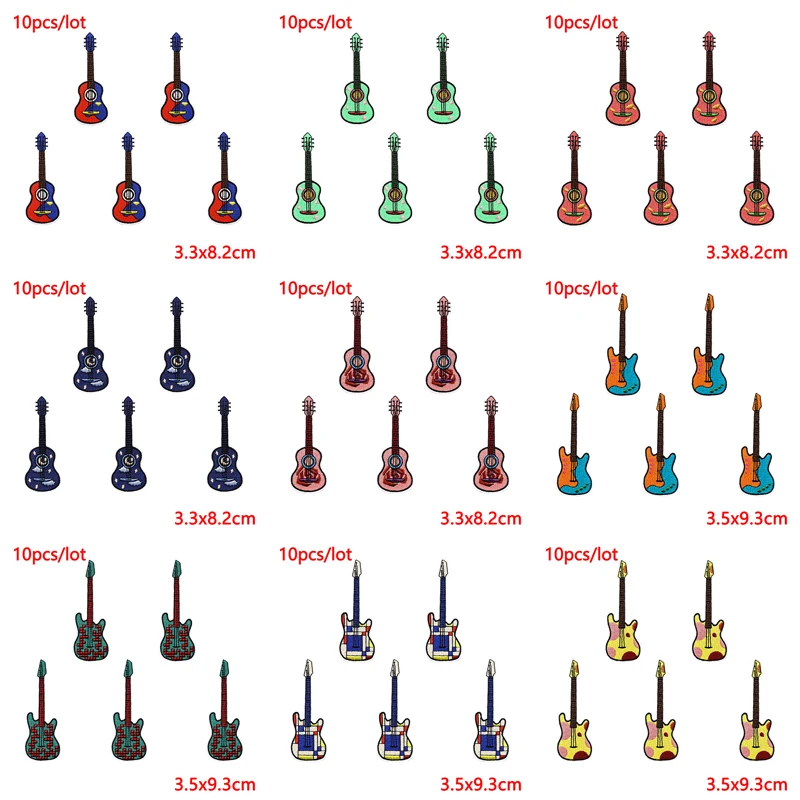 10 unids/lote de parches bordados de instrumentos musicales de dibujos animados para ropa, parches de hierro para guitarra para insignia adhesiva de falda con capucha