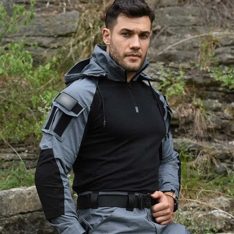 Trajes tácticos con capucha para hombre, camisa con pantalones, uniforme de senderismo al aire libre, almohadillas, ropa de caza, escalada, Camuflaje, Camping, Paintball - imagen 4
