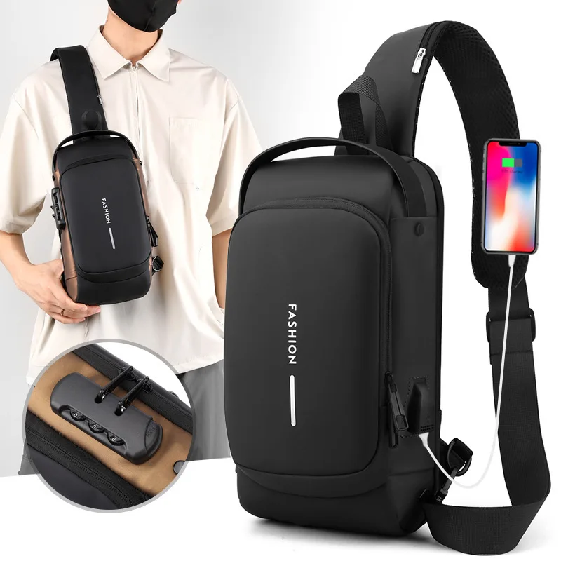 Bolso de hombro con carga USB para hombre, bolsa de pecho antirrobo con orificio para auriculares, multifunción, Correa única ajustable - imagen 2