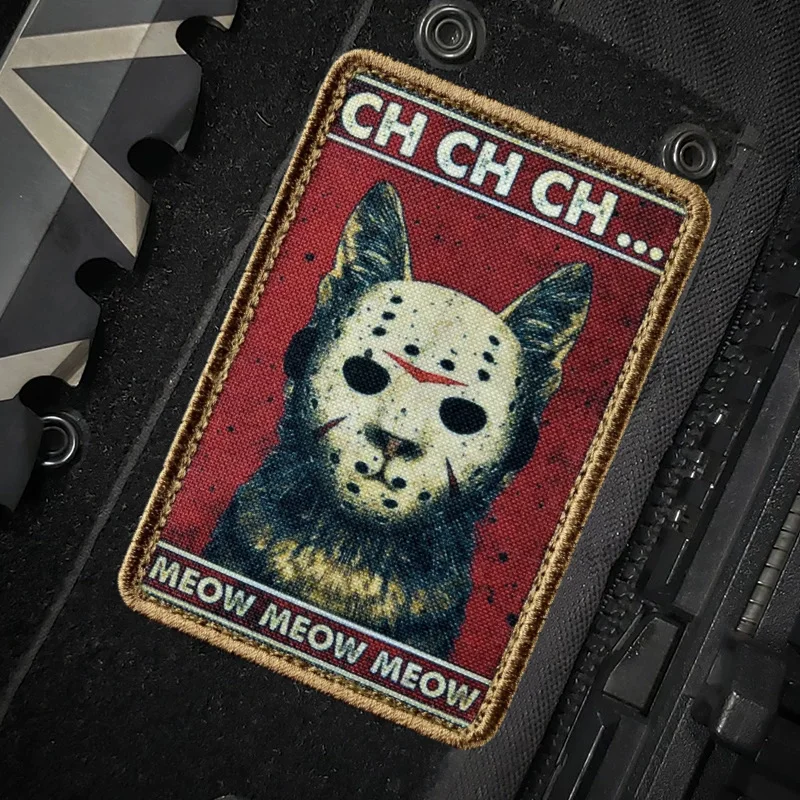 Parche de gato Meow para ropa, máscara de Terror, emblema de gancho y bucle impreso de gato, insignia de moral del ejército militar, brazalete, bolsa táctica, accesorios - imagen 3