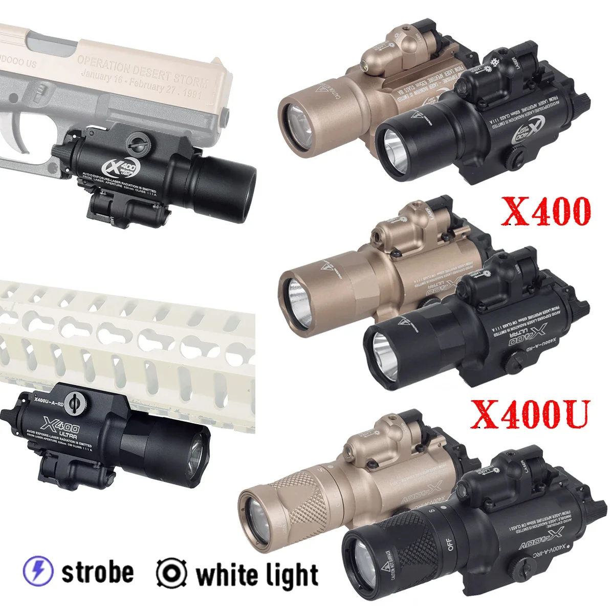 Surefir táctico LED X300 Ultra armas linterna Rifle IR luz X400 X400V X400U Ultra rojo verde láser G17 G19 Scout 20mm Rail