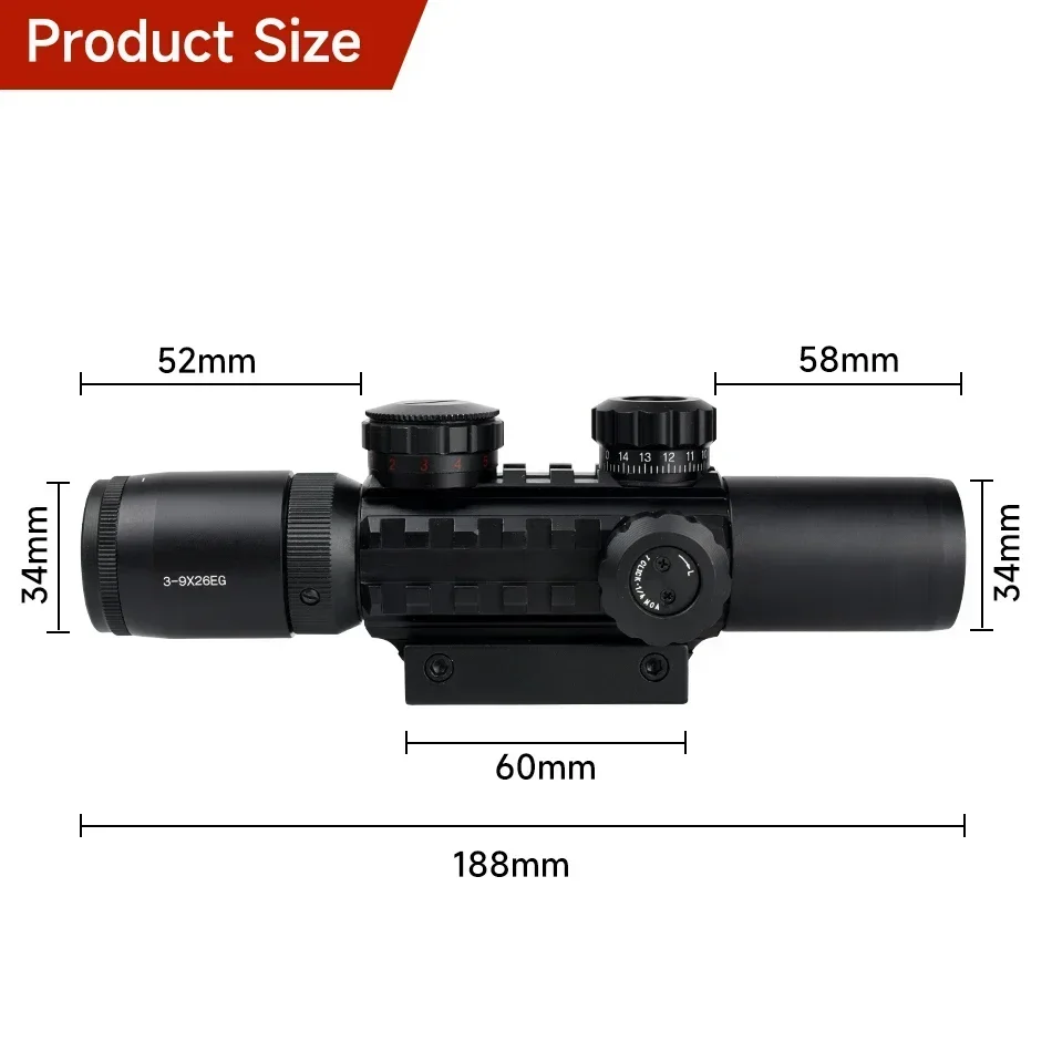 Mira telescópica óptica táctica 3-9X26EG, retícula cruzada roja y verde, Combo láser, accesorios Airsoft que se adaptan a montaje en riel de 20mm - imagen 4