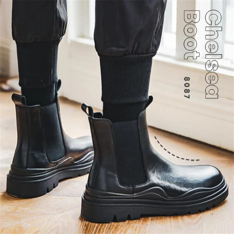 Botas Chelsea con plataforma Sheoes para hombre, botines de cuero divididos con parte inferior gruesa, calzado masculino, botas cortas con punta redonda - imagen 3