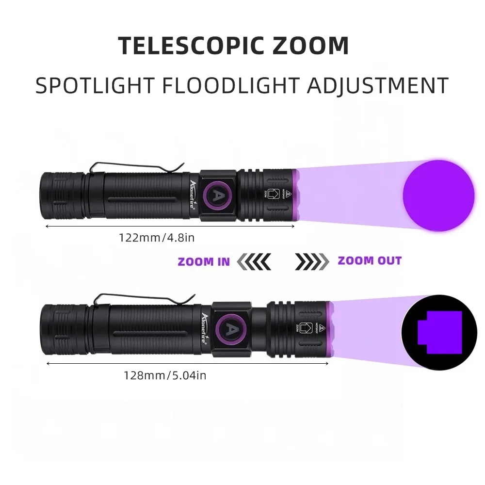 Linterna UV táctica 365nm USB recargable focalizable con zoom