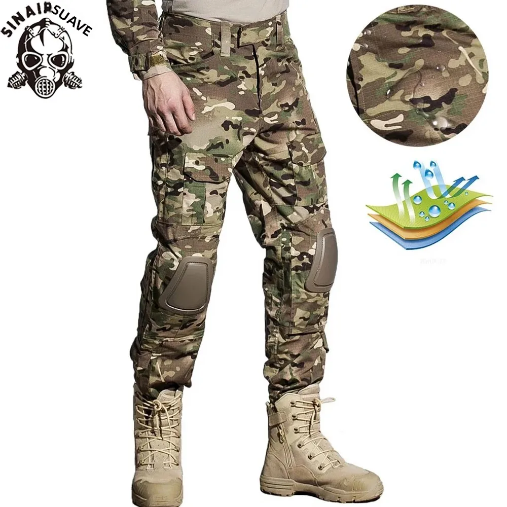 Pantalones de combate para hombre al aire libre + rodilleras, pantalones tácticos, pantalones de camuflaje para senderismo, ropa de trabajo y caza, resistente al desgaste con múltiples bolsillos